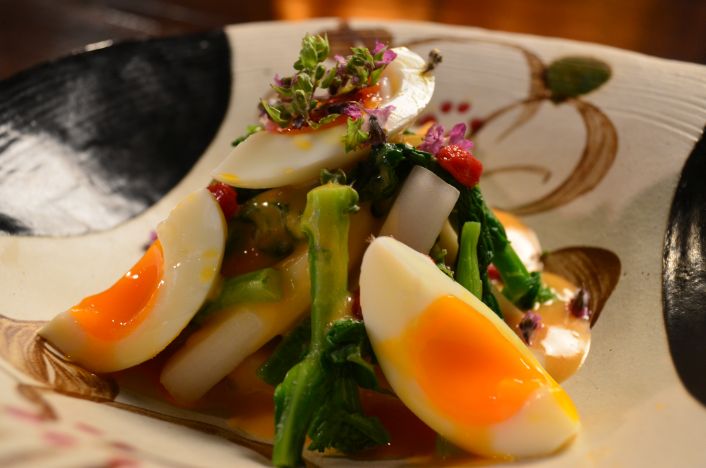 Spring Udo and rape blossoms and soft boiled egg salad (spicy sesami sauce)　1,100円